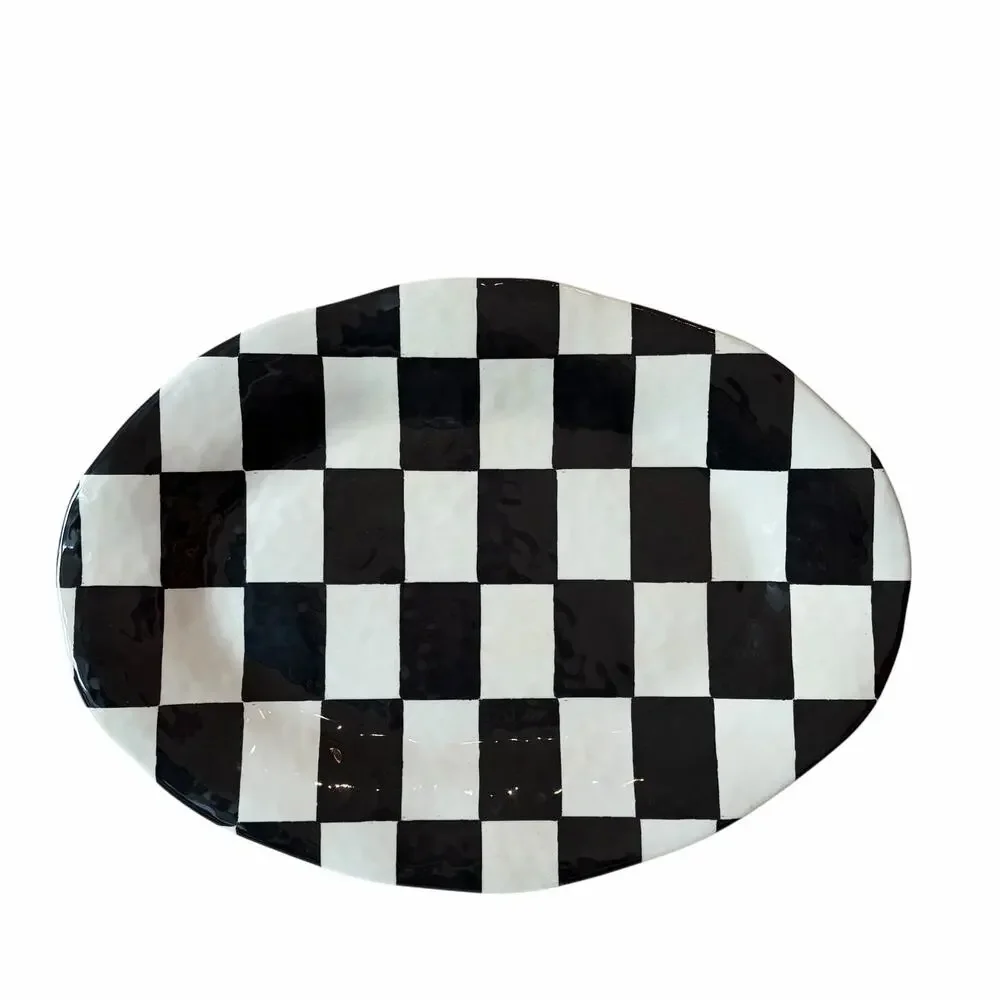 Black & White Checkered Melamine Large Serving Platter 13X18 Oval NEW